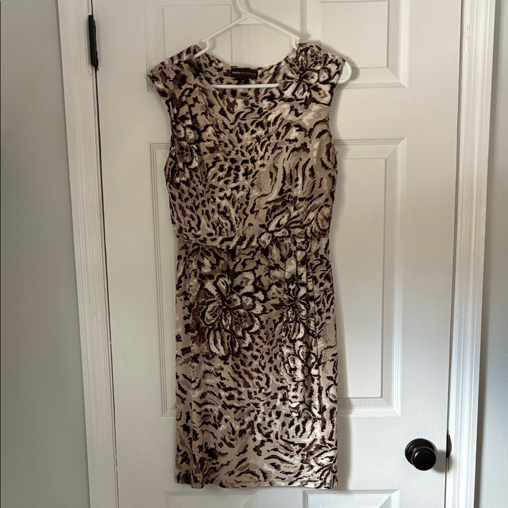 Dana Buchman Beige and Brown Floral-Animal Print Midi Dress